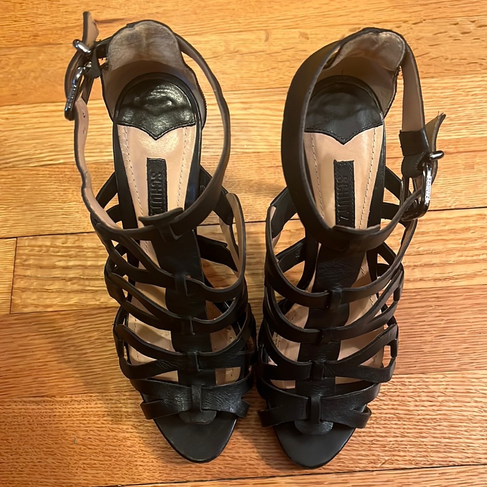 Schutz Black Leather Caged Lattice Heels size 7.5 and 4.5 in heel